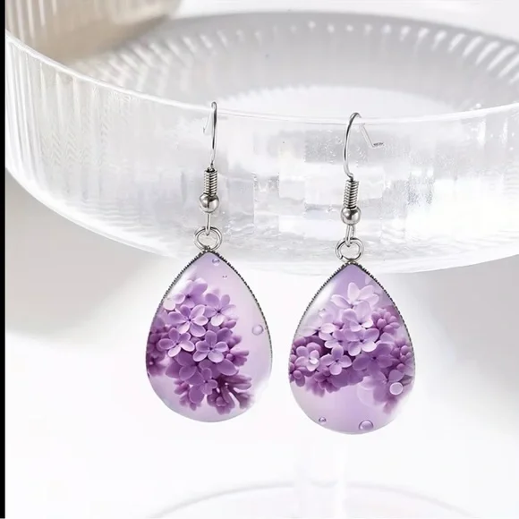 Purple Floral Tear Drop Fish Hook Earrings - Picture 1 of 6